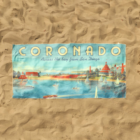 On sand: Hotel del Coronado vintage travel poster beach towel by Kerne Erickson