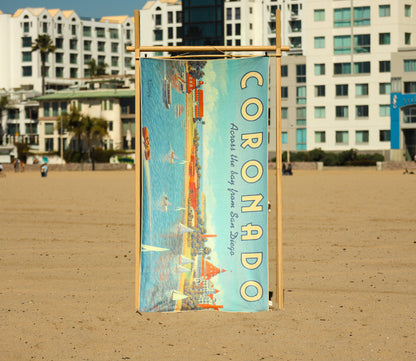 Coronado vintage travel poster beach towel hanging at the beach