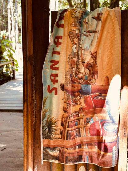 Santa Monica vintage travel poster beach towel hanging in hotel swimming pool