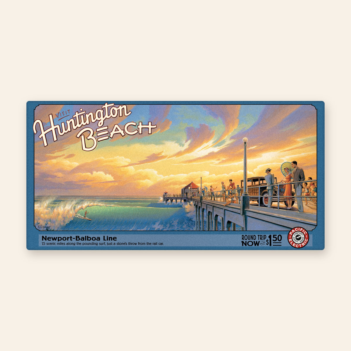 full towel: Huntington Beach pier vintage travel poster beach towel by Kerne Erickson