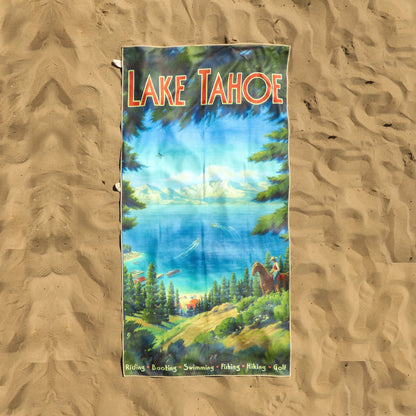 on sand - Lake Tahoe vintage travel poster beach towel by Kerne Erickson
