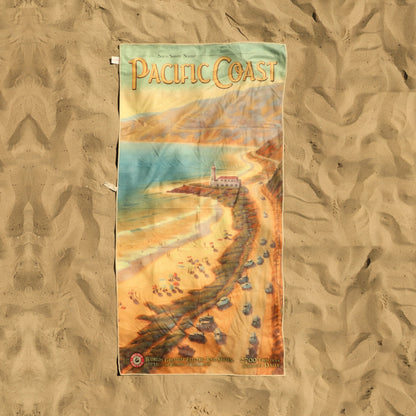 On sand: Pacific Coast vintage travel poster beach towel by Kerne Erickson
