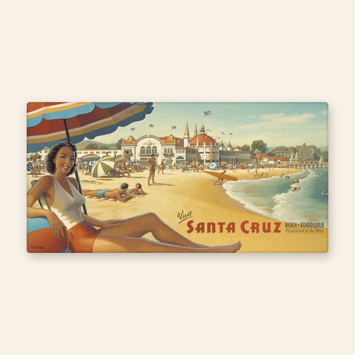Full towel: Santa Cruz Beach Boardwalk vintage travel poster beach towel by Kerne Erickson