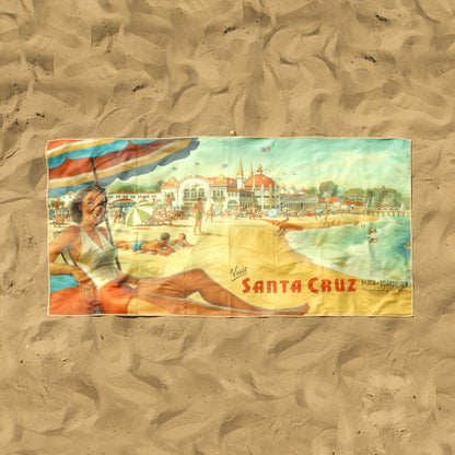 On sand: Santa Cruz Beach Boardwalk vintage travel poster beach towel by Kerne Erickson
