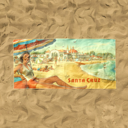On sand: Santa Cruz Beach Boardwalk vintage travel poster beach towel by Kerne Erickson