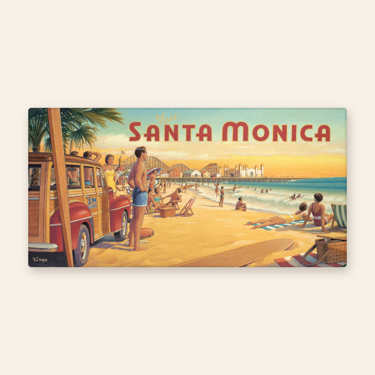 Full towel: Santa Monica Pier vintage travel poster beach towel by Kerne Erickson