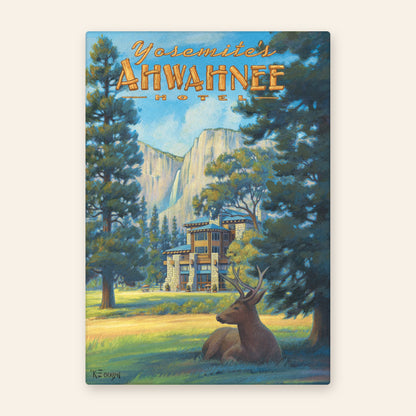 Yosemite Ahwahnee Hotel vintage travel poster kitchen towel, stone lodge beneath granite cliffs with a resting deer in the meadow