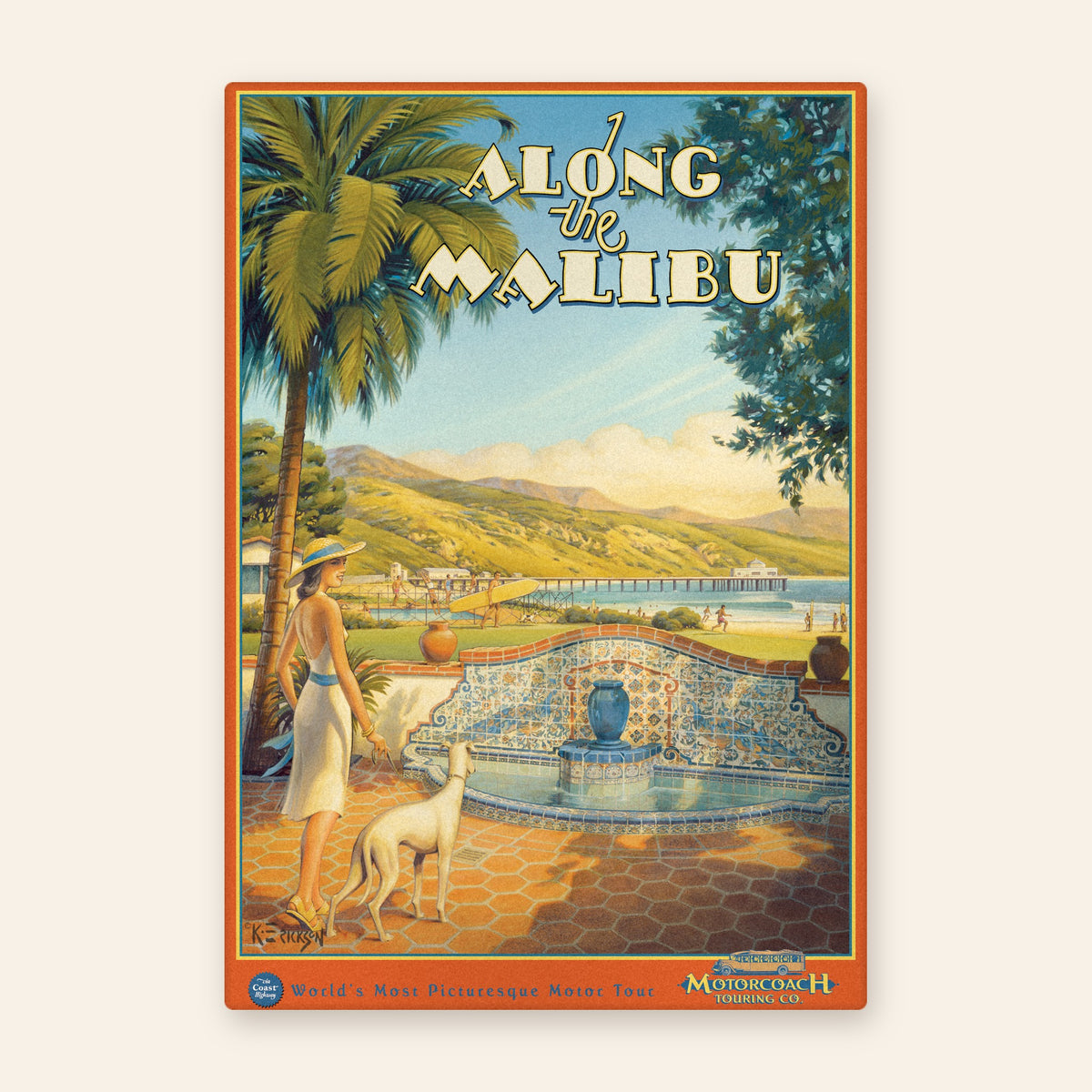 Along the Malibu vintage travel poster kitchen towel, woman walking a greyhound past a tiled fountain above Malibu pier and beach