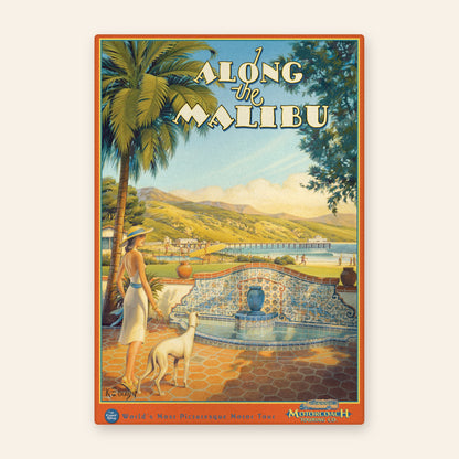 Along the Malibu vintage travel poster kitchen towel, woman walking a greyhound past a tiled fountain above Malibu pier and beach