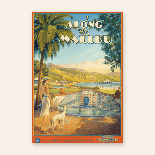 Along the Malibu vintage travel poster kitchen towel, woman walking a greyhound past a tiled fountain above Malibu pier and beach