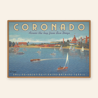 Coronado vintage travel poster kitchen towel, sailboats on San Diego Bay in front of the red-roofed Hotel del Coronado

