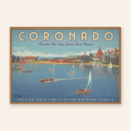 Coronado vintage travel poster kitchen towel, sailboats on San Diego Bay in front of the red-roofed Hotel del Coronado

