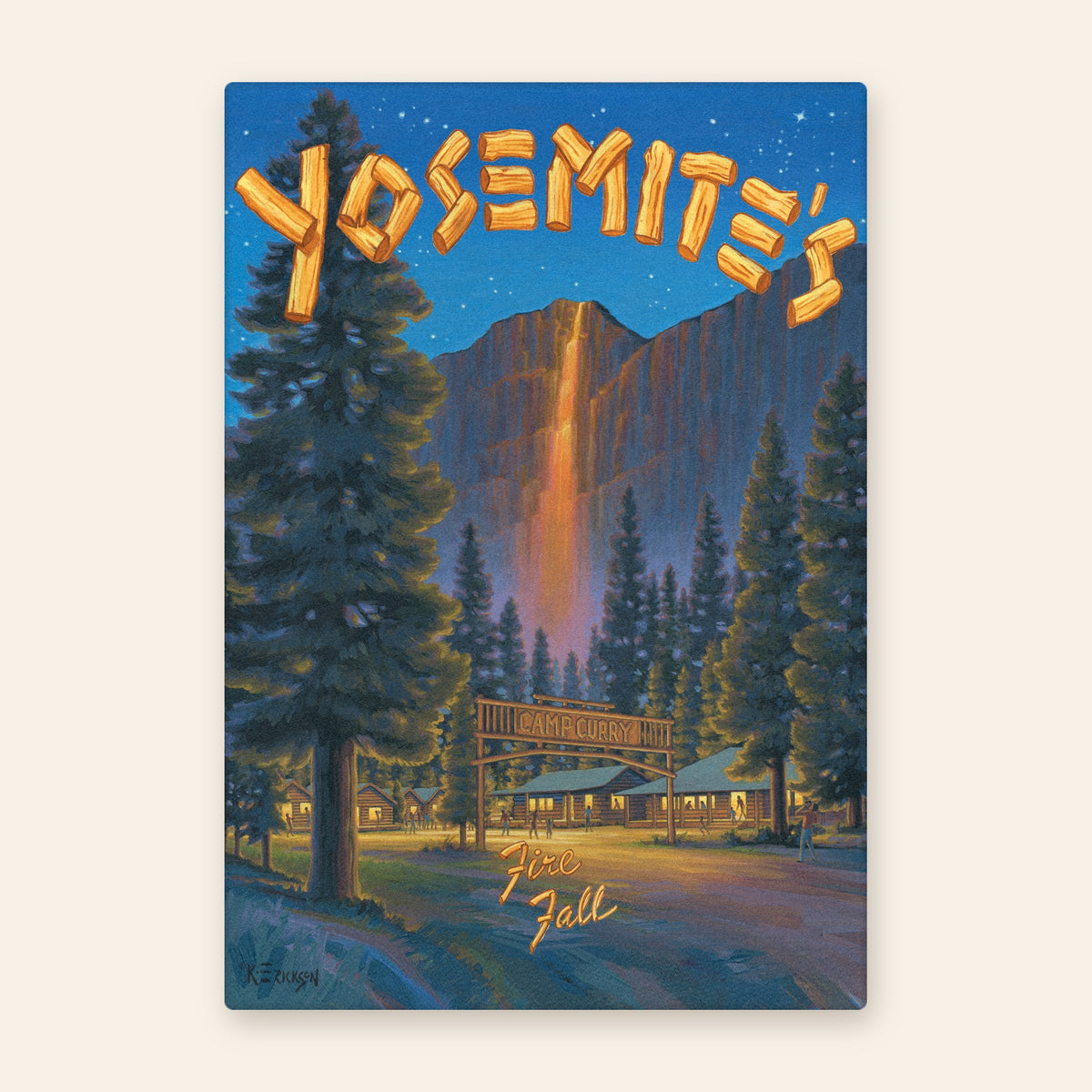 Yosemite Firefall vintage travel poster kitchen towel, glowing firefall over the cliff at night above the Camp Curry gate and cabins