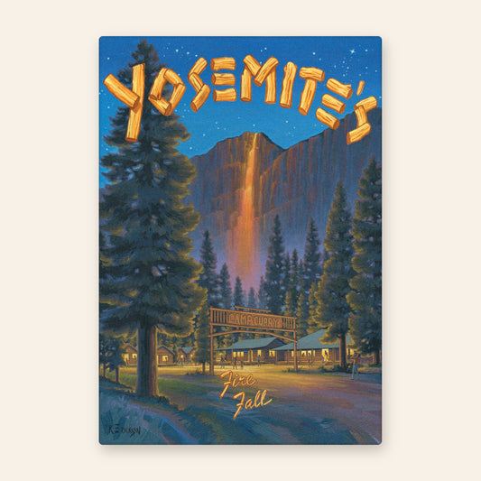 Yosemite Firefall vintage travel poster kitchen towel, glowing firefall over the cliff at night above the Camp Curry gate and cabins