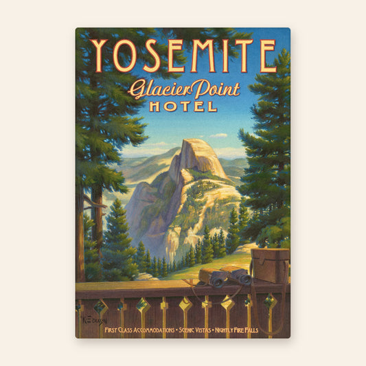 Yosemite Glacier Point Hotel vintage travel poster kitchen towel, Half Dome framed by pines with binoculars on a wooden railing