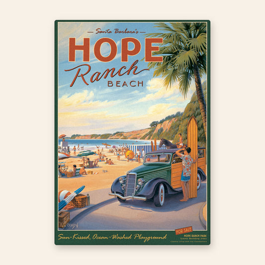 Hope Ranch Beach vintage travel poster kitchen towel, woody wagon and surfer beside a busy Santa Barbara beach under a palm tree