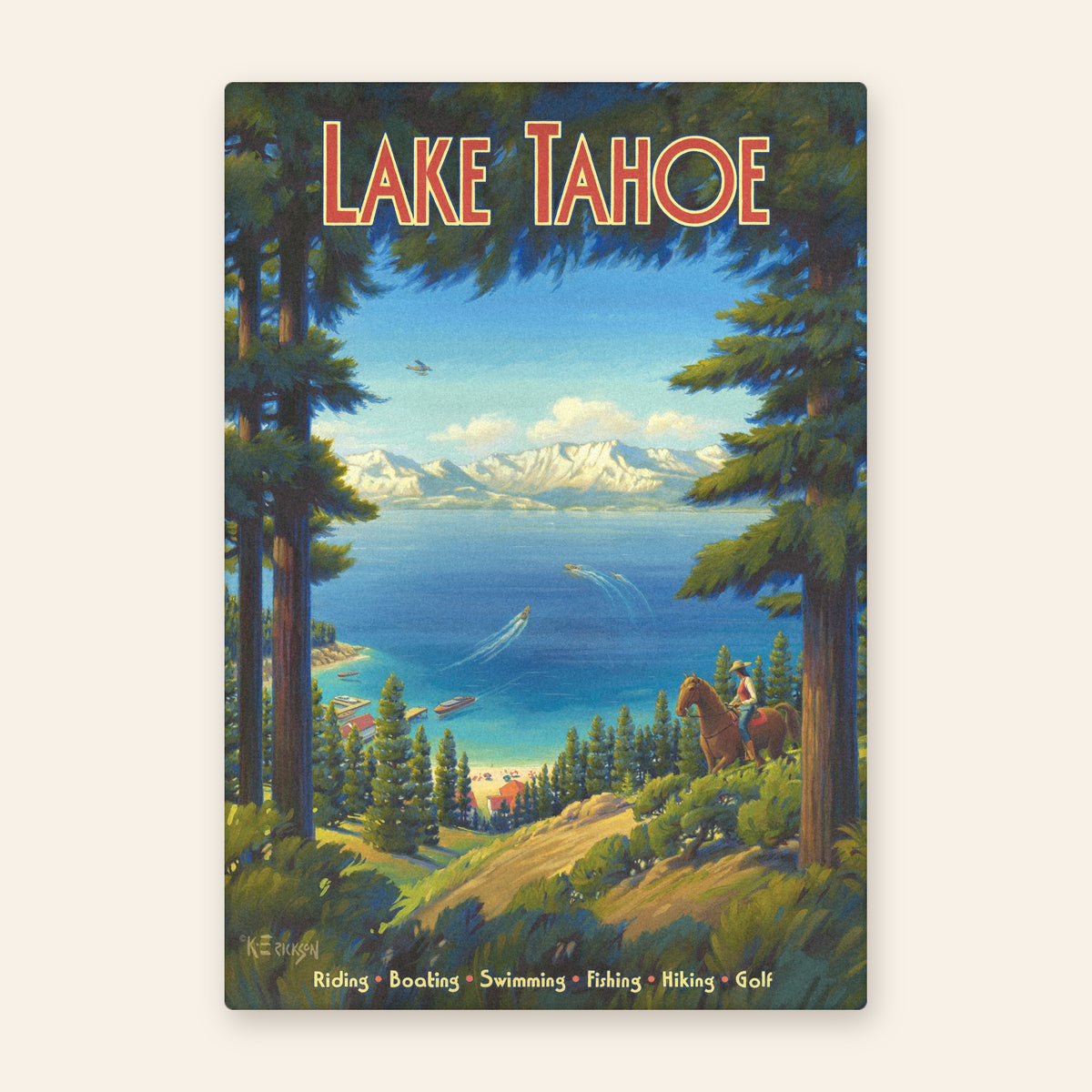 Lake Tahoe vintage travel poster kitchen towel, horseback rider among pines above a blue lake with boats and snowy peaks