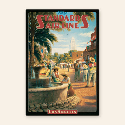 Standard Air Lines Los Angeles vintage travel poster kitchen towel, Olvera Street fountain and market with City Hall tower behind