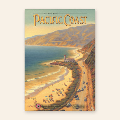 Pacific Coast vintage travel poster kitchen towel, lighthouse on a point above a sunny beach and coast highway with vintage cars