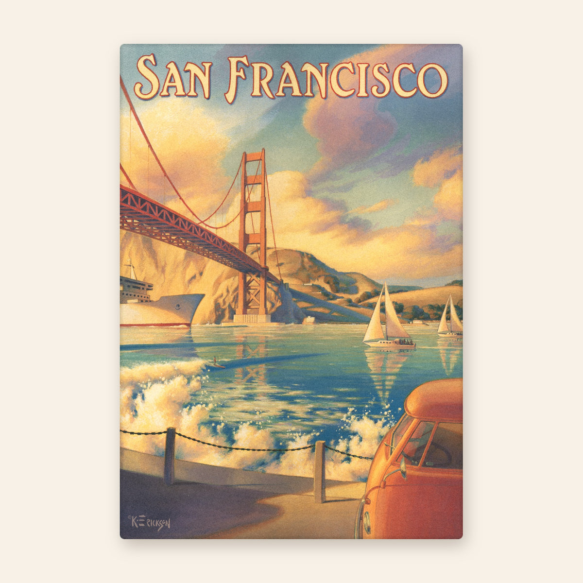 San Francisco City by the Bay vintage travel poster kitchen towel, cable cars climbing a hill past Chinatown toward the Bay Bridge