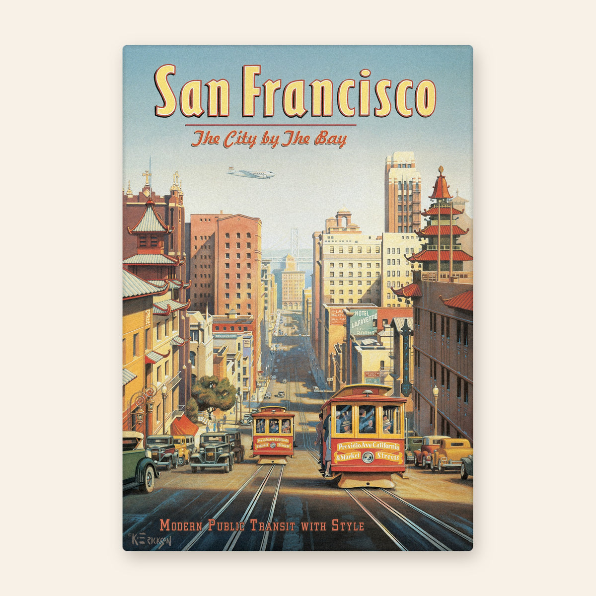 San Francisco City by the Bay vintage travel poster kitchen towel, cable cars climbing a hill past Chinatown toward the Bay Bridge
