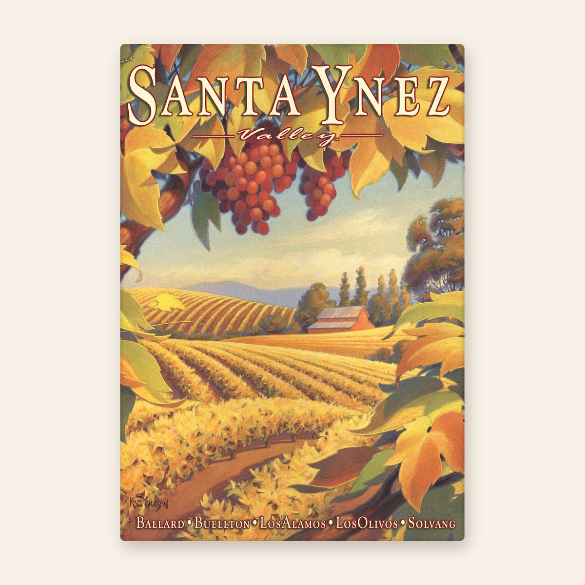 Santa Ynez Valley wine country vintage poster kitchen towel, grape clusters and autumn leaves framing vineyard rows and a red barn