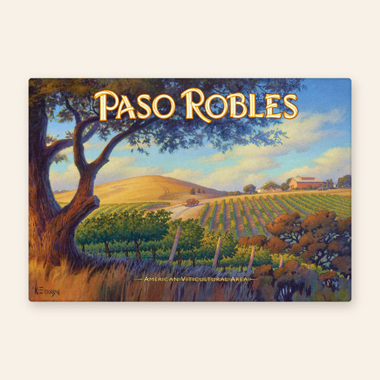 Paso Robles wine country vintage poster kitchen towel, a great oak framing vineyard rows, a pickup on a dirt road and a hilltop barn