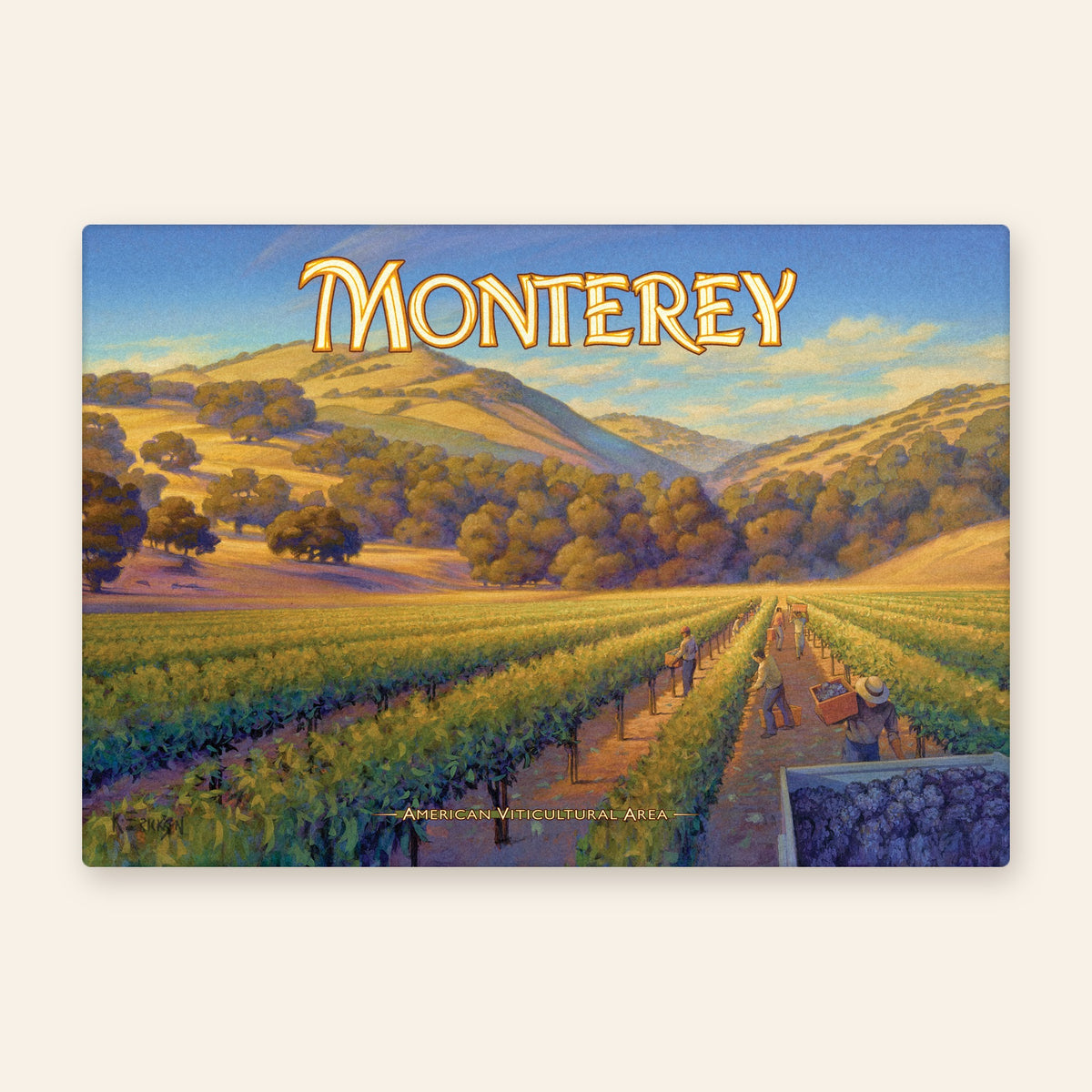 Monterey wine country vintage poster kitchen towel, long vineyard rows at harvest leading to golden oak-covered hills