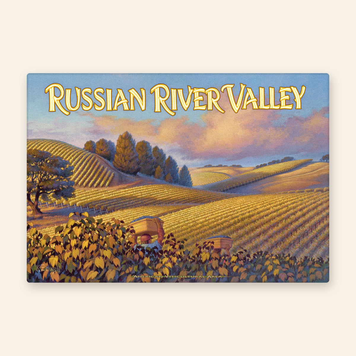 Russian River Valley wine country vintage poster kitchen towel, workers carrying grape bins through golden rolling vineyard hills

