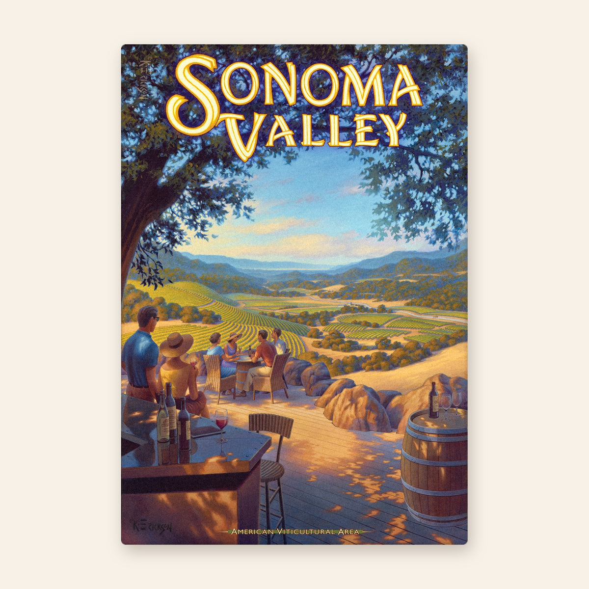 Sonoma Valley wine country vintage poster kitchen towel, friends tasting wine on a shaded terrace above vineyards and valley