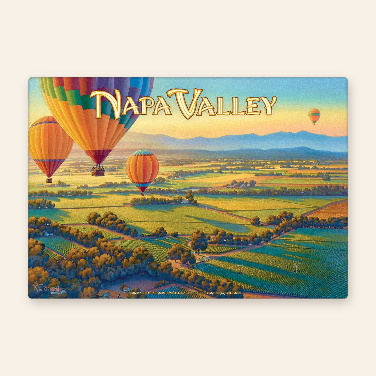 Napa Valley wine country vintage poster kitchen towel, hot air balloons drifting over vineyards and farmland at sunrise
