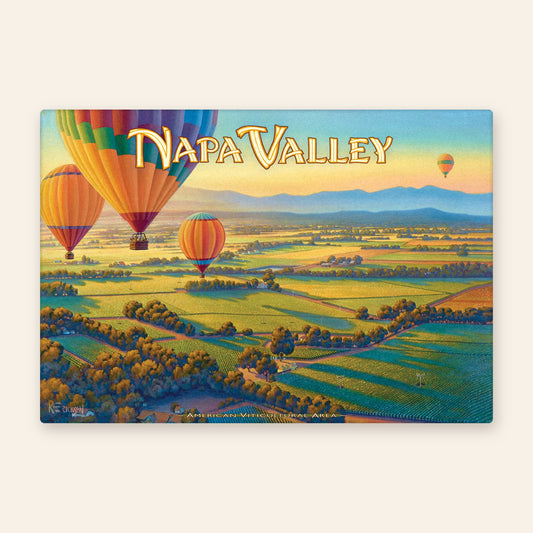 Napa Valley wine country vintage poster kitchen towel, hot air balloons drifting over vineyards and farmland at sunrise
