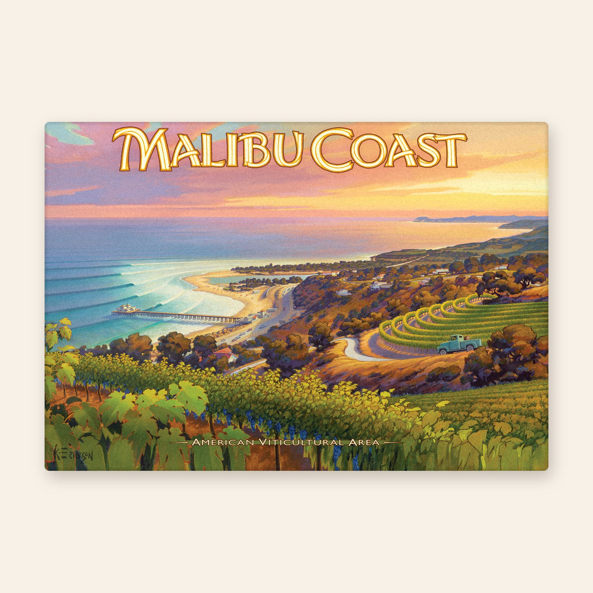 Malibu Coast wine country vintage poster kitchen towel, terraced hillside vineyard with a vintage truck above Malibu pier at sunset