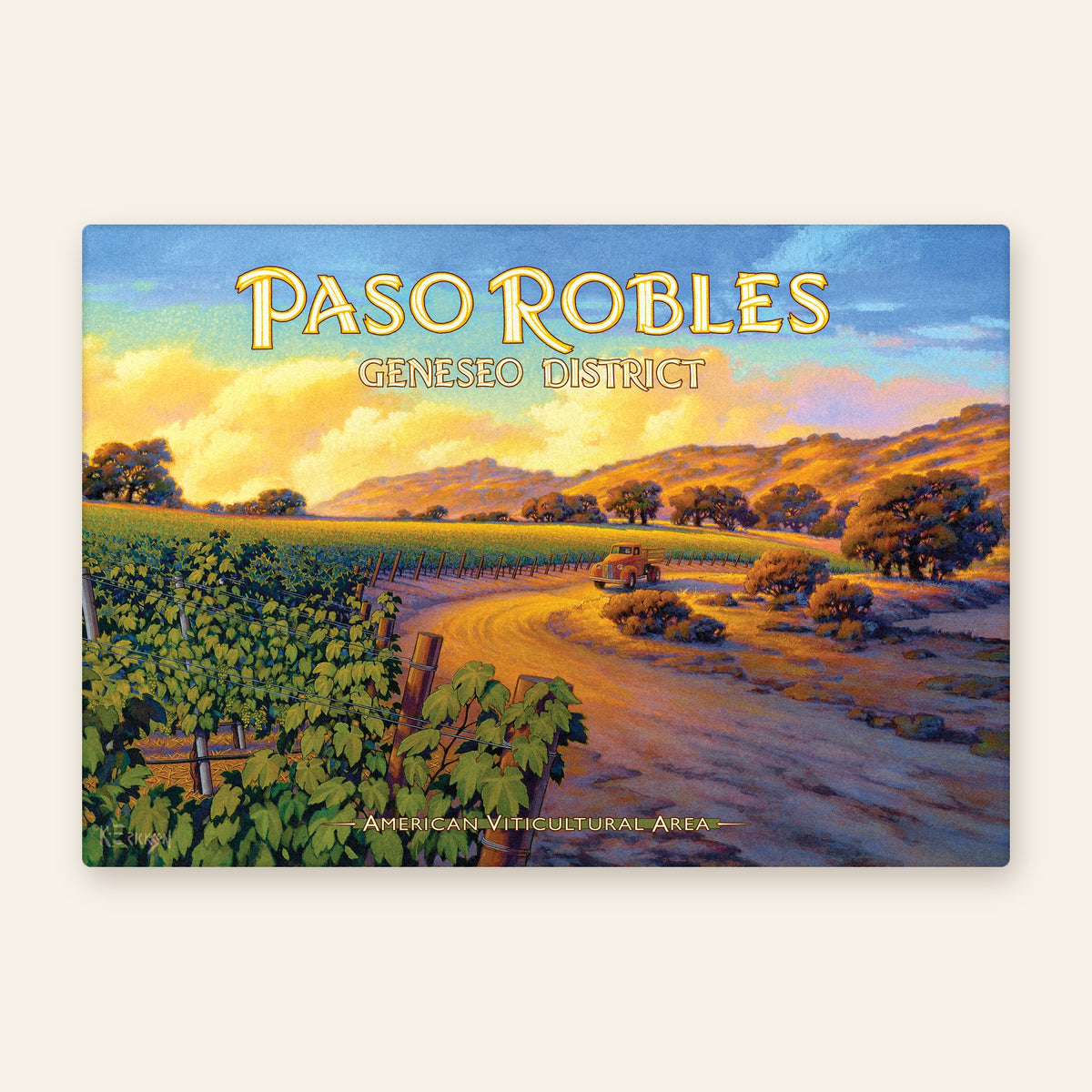 Paso Robles Geneseo District wine country vintage poster kitchen towel, vintage truck on a curving dirt road beside vineyards at golden hour