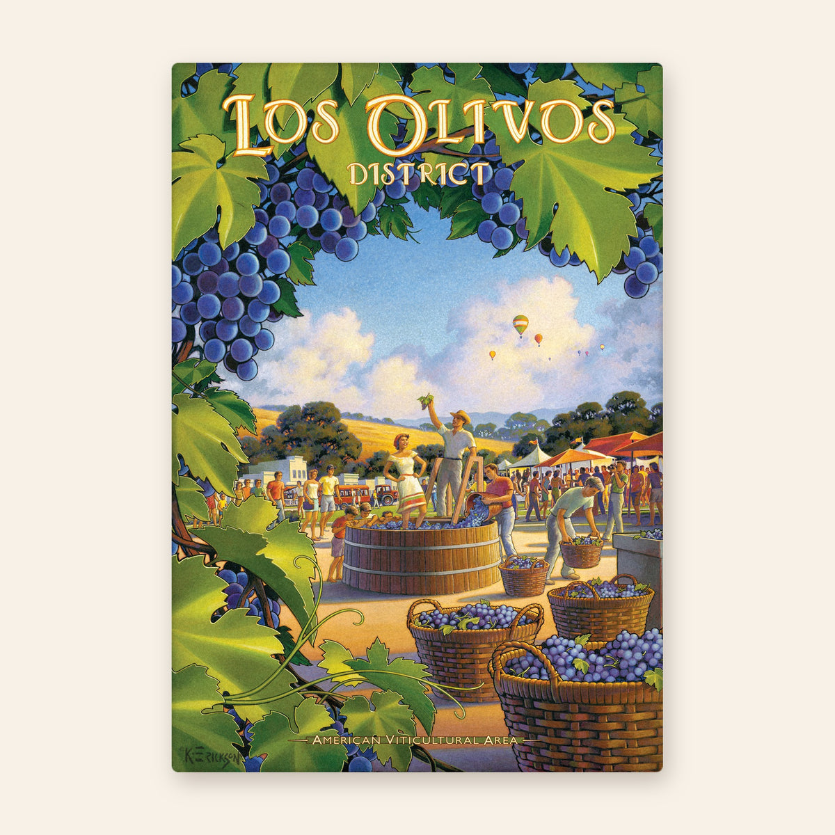 Los Olivos District wine country vintage poster kitchen towel, grape stomp at a harvest festival framed by vines and hot-air balloons