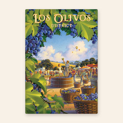 Los Olivos District wine country vintage poster kitchen towel, grape stomp at a harvest festival framed by vines and hot-air balloons
