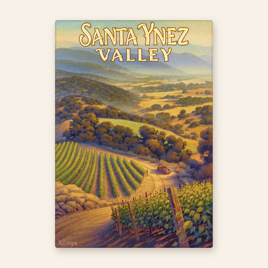 Valley wine country vintage poster kitchen towel, vineyard rows and a vintage truck on a dirt road through golden oak hills