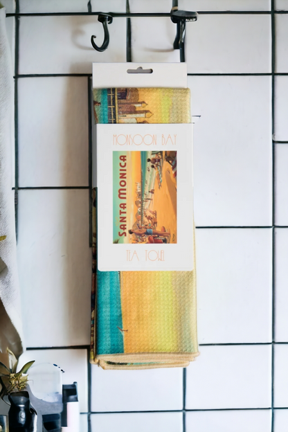 Santa Monica pier vintage travel poster kitchen towel sleeve