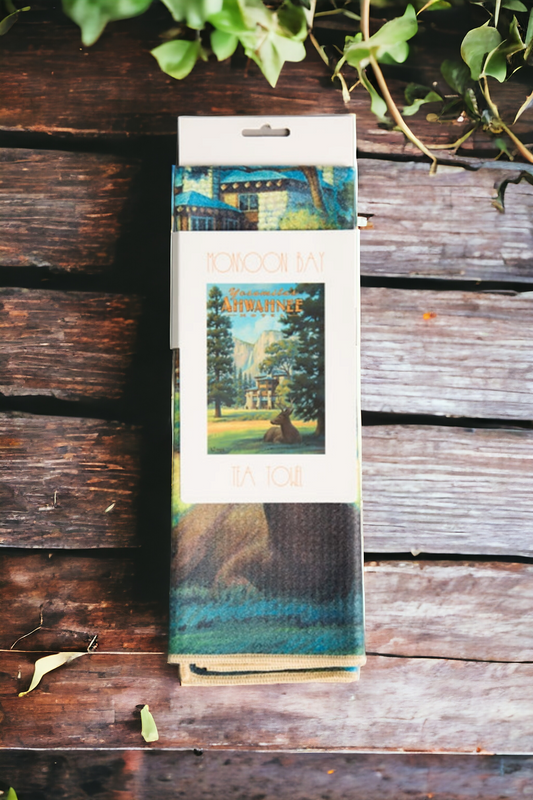 Yosemite Ahwahnee Hotel with deer and Half Dome vintage travel poster kitchen towel sleeve