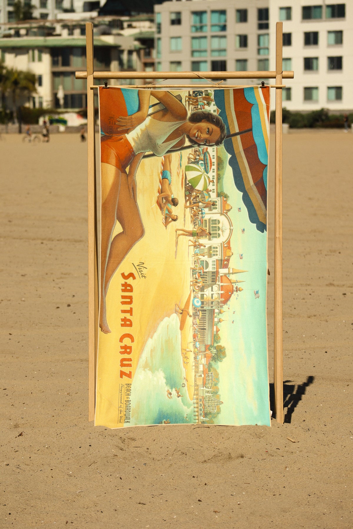 Santa Cruz vintage travel poster beach towel hanging at the beach