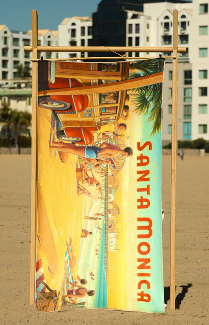 Santa Monica vintage travel poster beach towel hanging at the beach