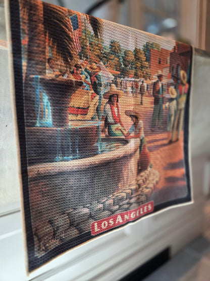 Los Angeles Olvera Street vintage travel poster kitchen towel hanging over sink