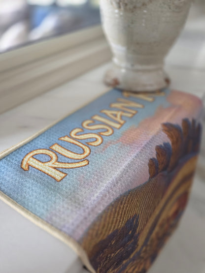 Russian River Valley vineyards vintage travel poster kitchen towel close up of text