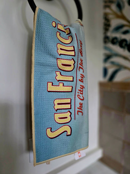 San Francisco city streets vintage travel poster kitchen towel close up of large text