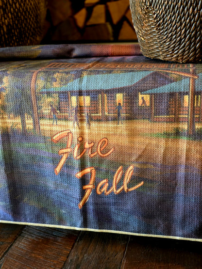 Firefall at Camp Curry Yosemite vintage travel poster beach towel laying under a basket