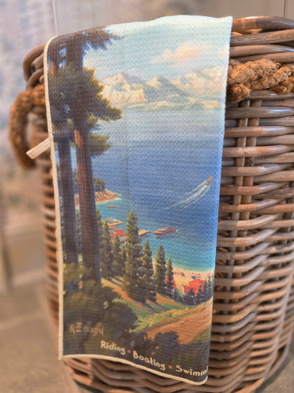 Lake Tahoe vintage travel poster kitchen towel close up of fabric